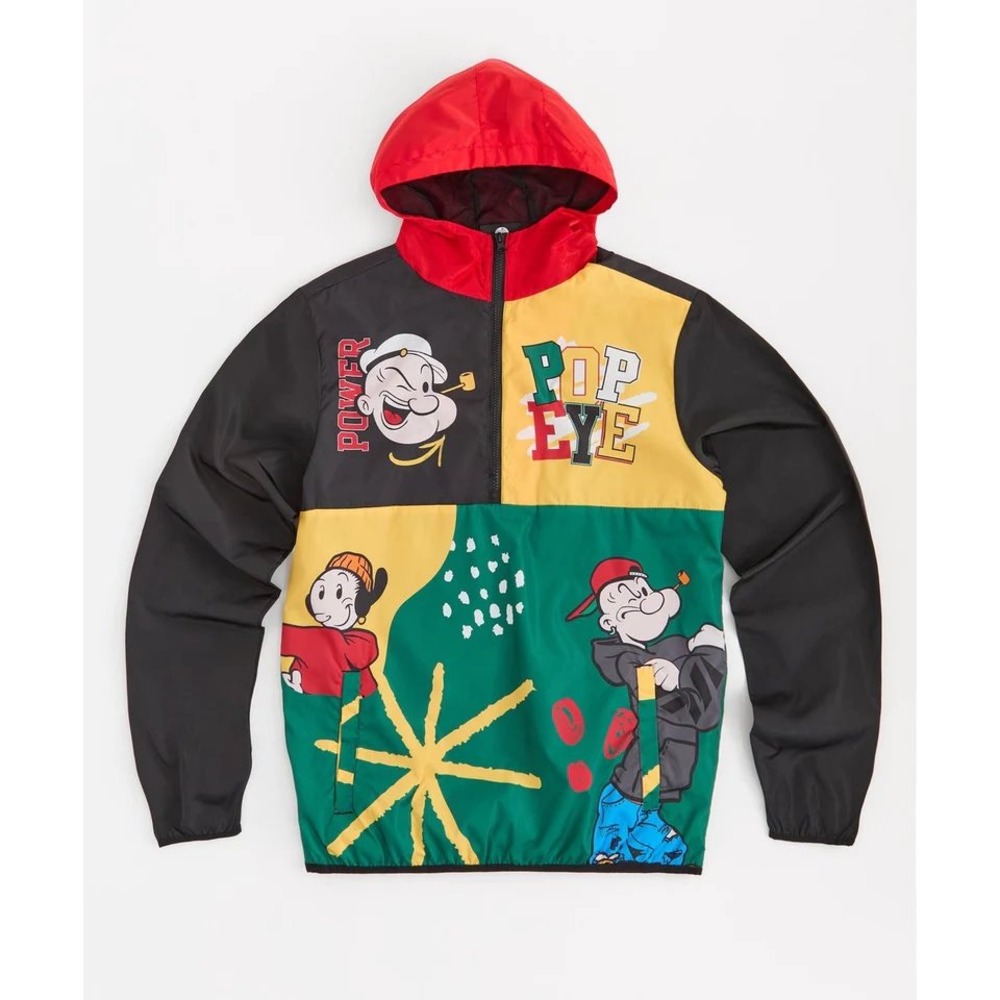 Reason Popeye the Sailor Man Colorblock Windbreaker Jacket Mens Half Zip Hooded
